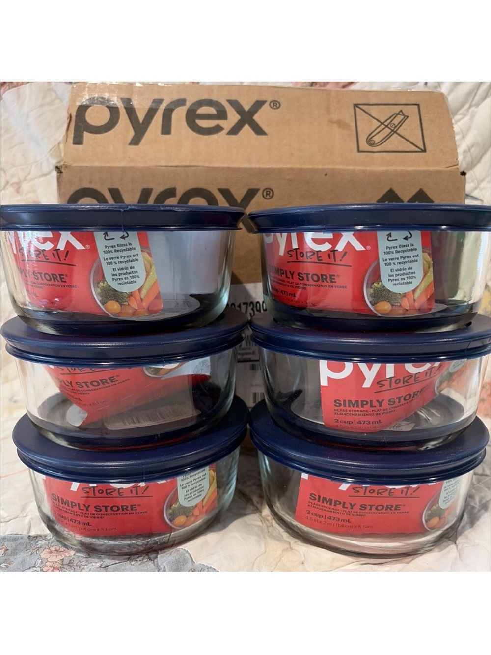 Pyrex Simply Store 2-Cup Glass Food Storage Containers Round Blue Lids Set of 6